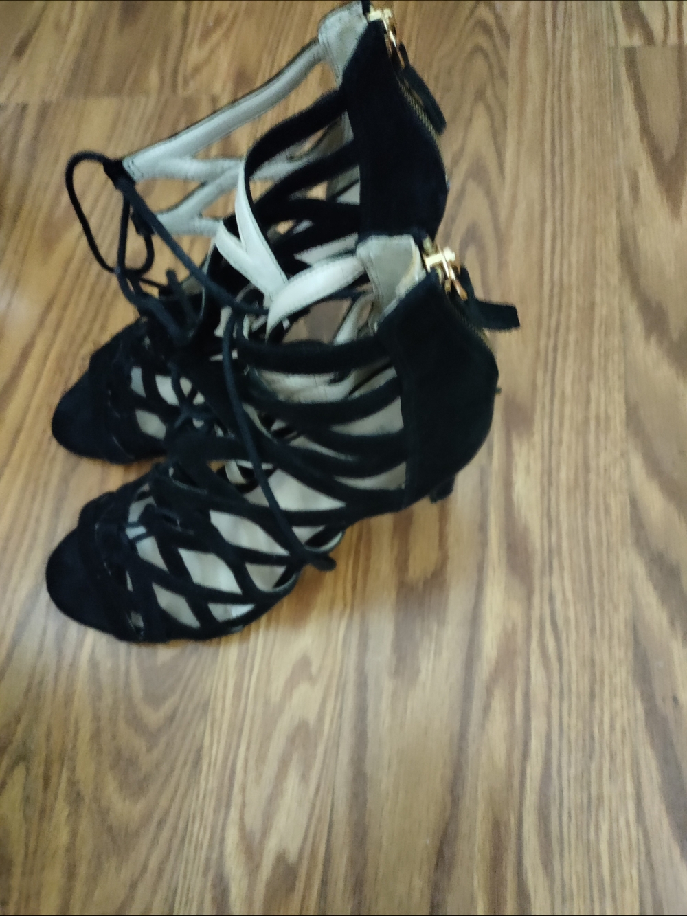 Black Lace-Up Strappy Nine West High Heel Sandals with Back Zip